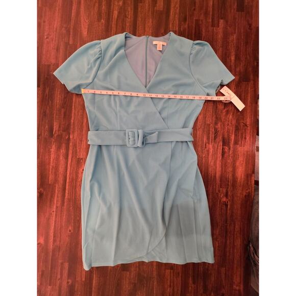 London Times Dress Size 16 Blue Atoll Faux Wrap Belted Puff Sleeve Knee Length - Picture 6 of 9
